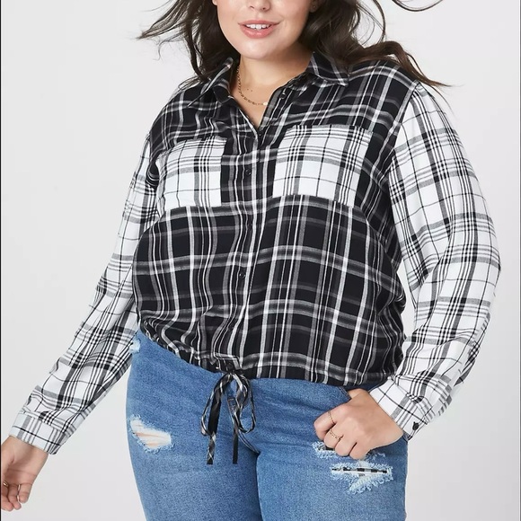 Lane Bryant Women’s Blouse Button Down Black White Monochrome Plaid Shirt - Picture 1 of 13